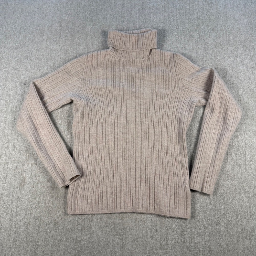 Halston Turtleneck Sweater Women M Beige Ribbed 100% Merino Wool Long Sleeve